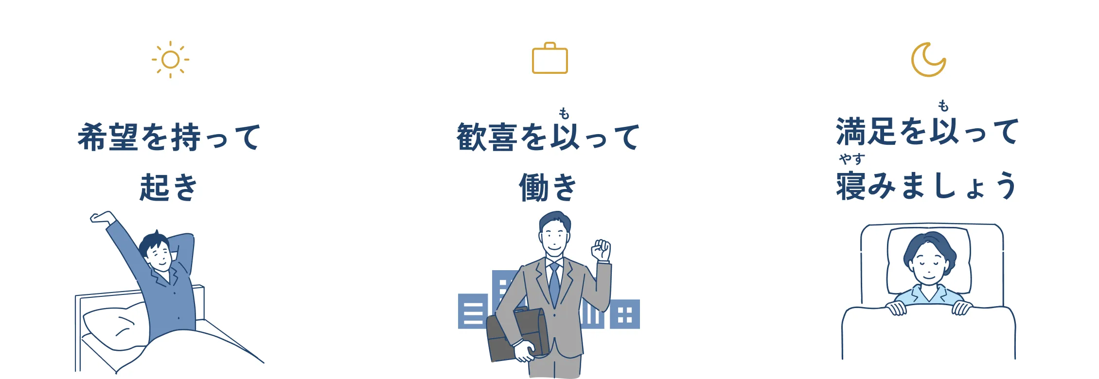 希望を持って起き 歓喜(よろこび)を以(も)って働き 満足を以(も)って寝(やす)みましょう